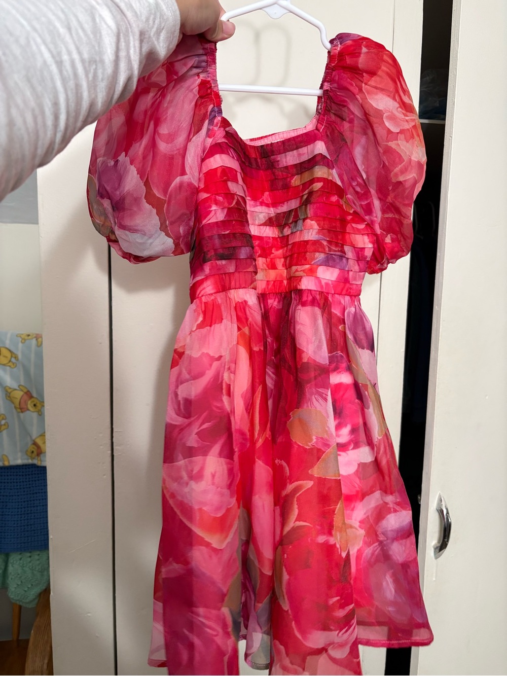 Girls Floral Puff-Sleeve Dress - Hot Pink